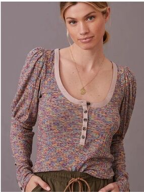 Anthropologie Josslyn Marled Puff Sleeve Henley Knit Top Medium Multicolour
